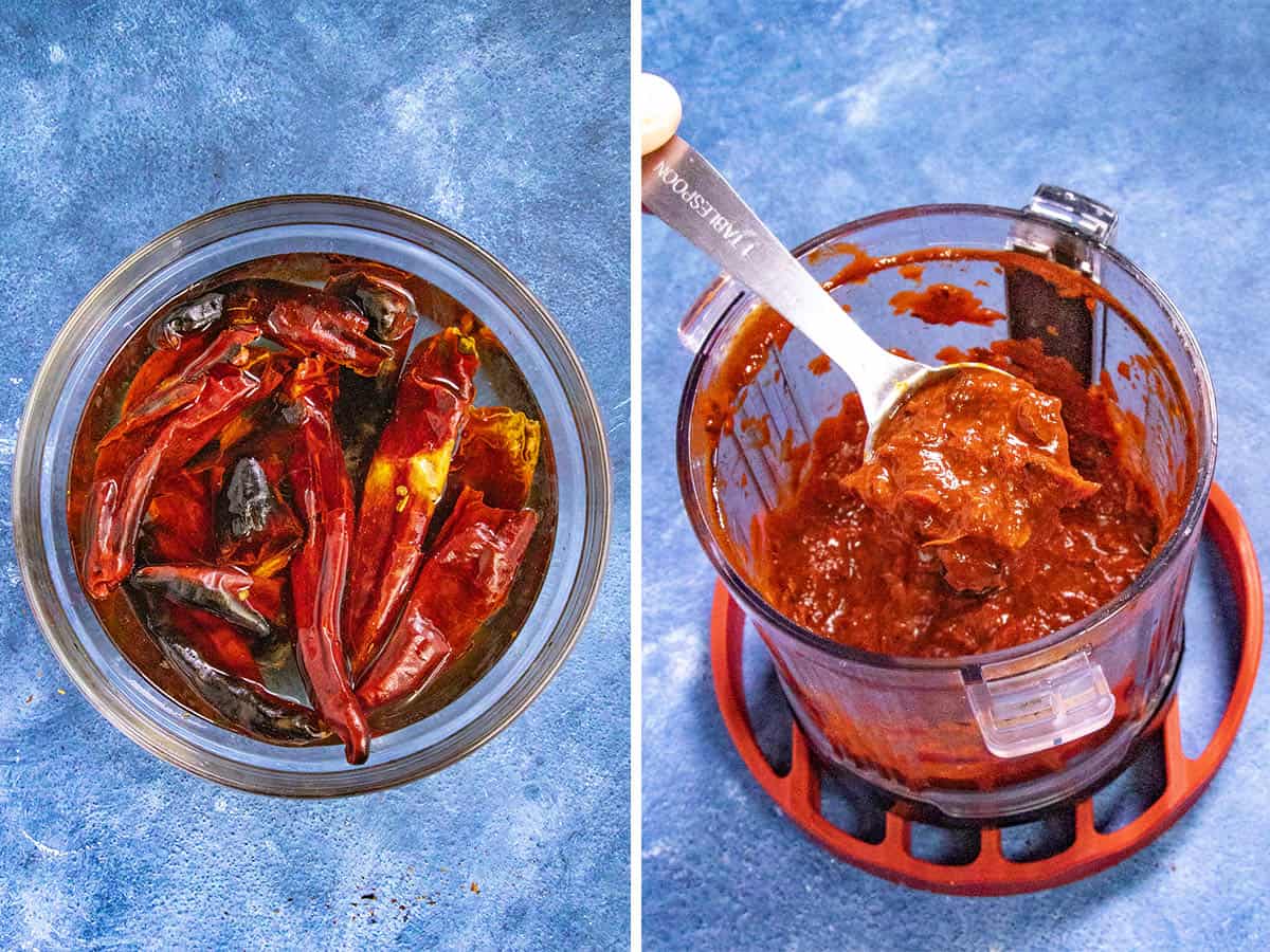 Rehydrating dried chilies in water, then processing a chili paste in a blender