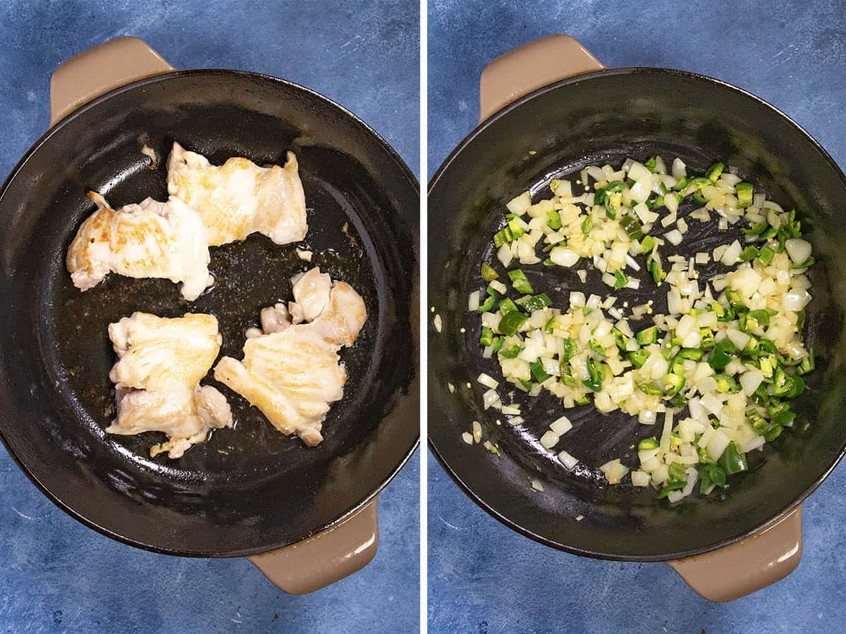 Browning chicken in a pot, then cooking peppers, onions, and garlic in the same pot