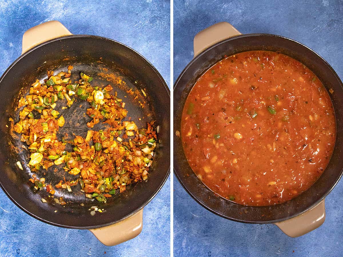 Searing veggies, chili paste, and spices in a pot, then simmering with tomato sauce