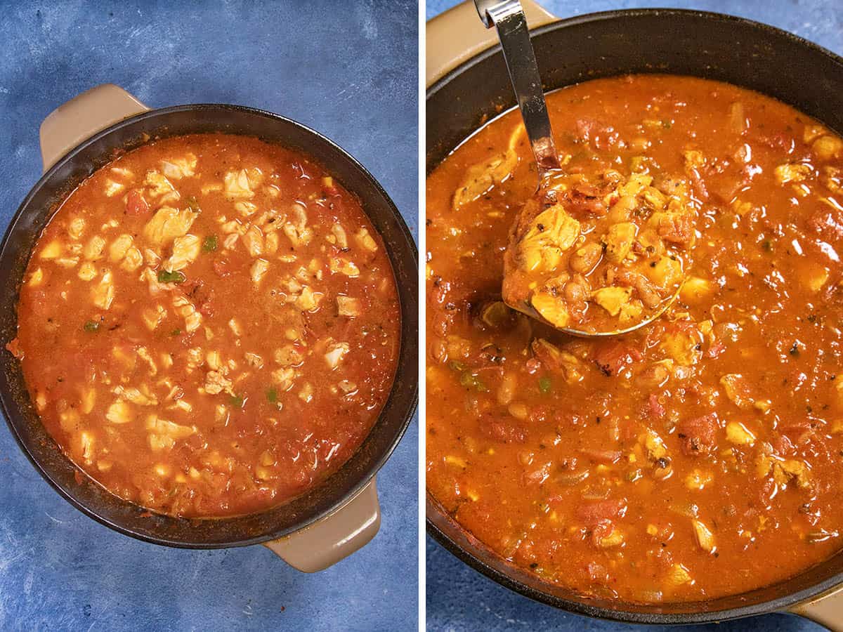 Simmering chicken chili in a pot, and scooping up a serving with a spoon
