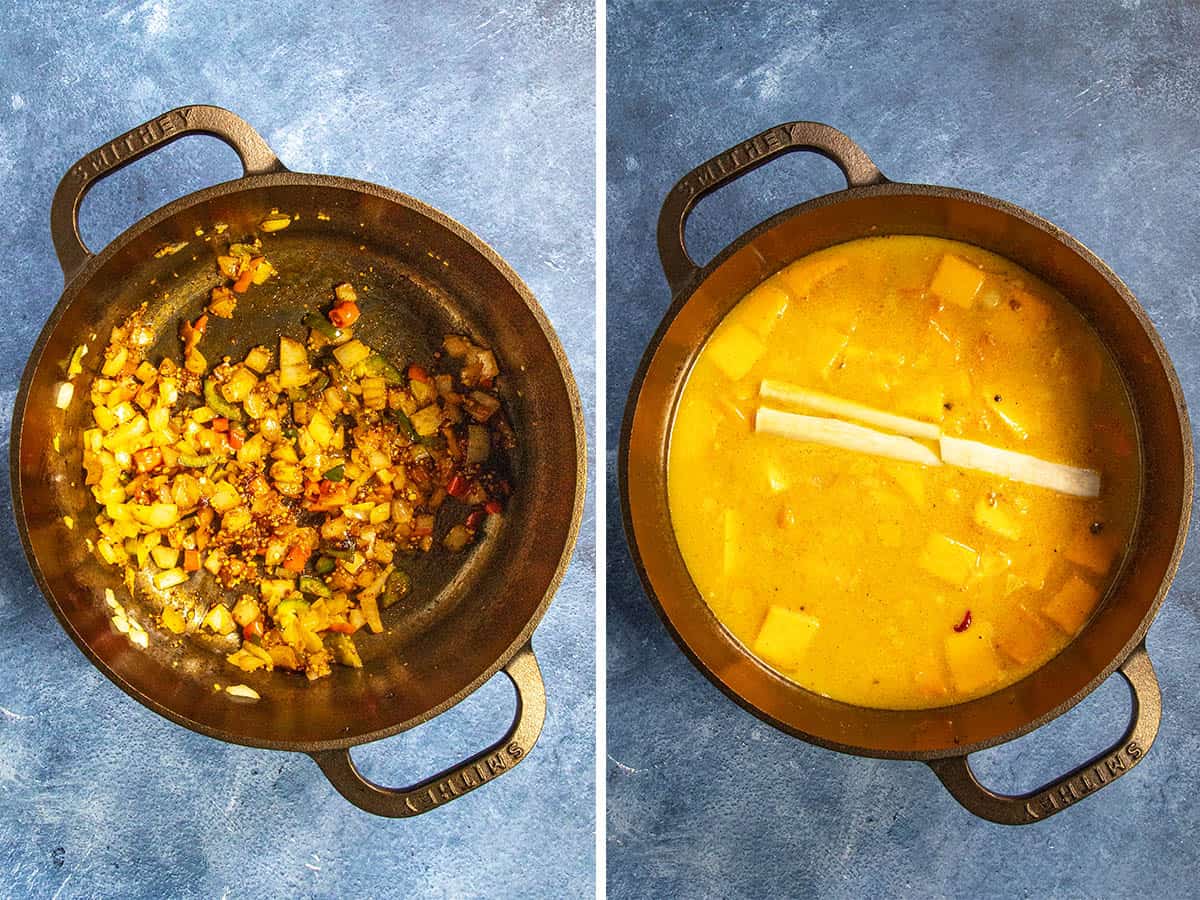 Curried Butternut Squash Soup ingredients simmering in a pot to soften and meld