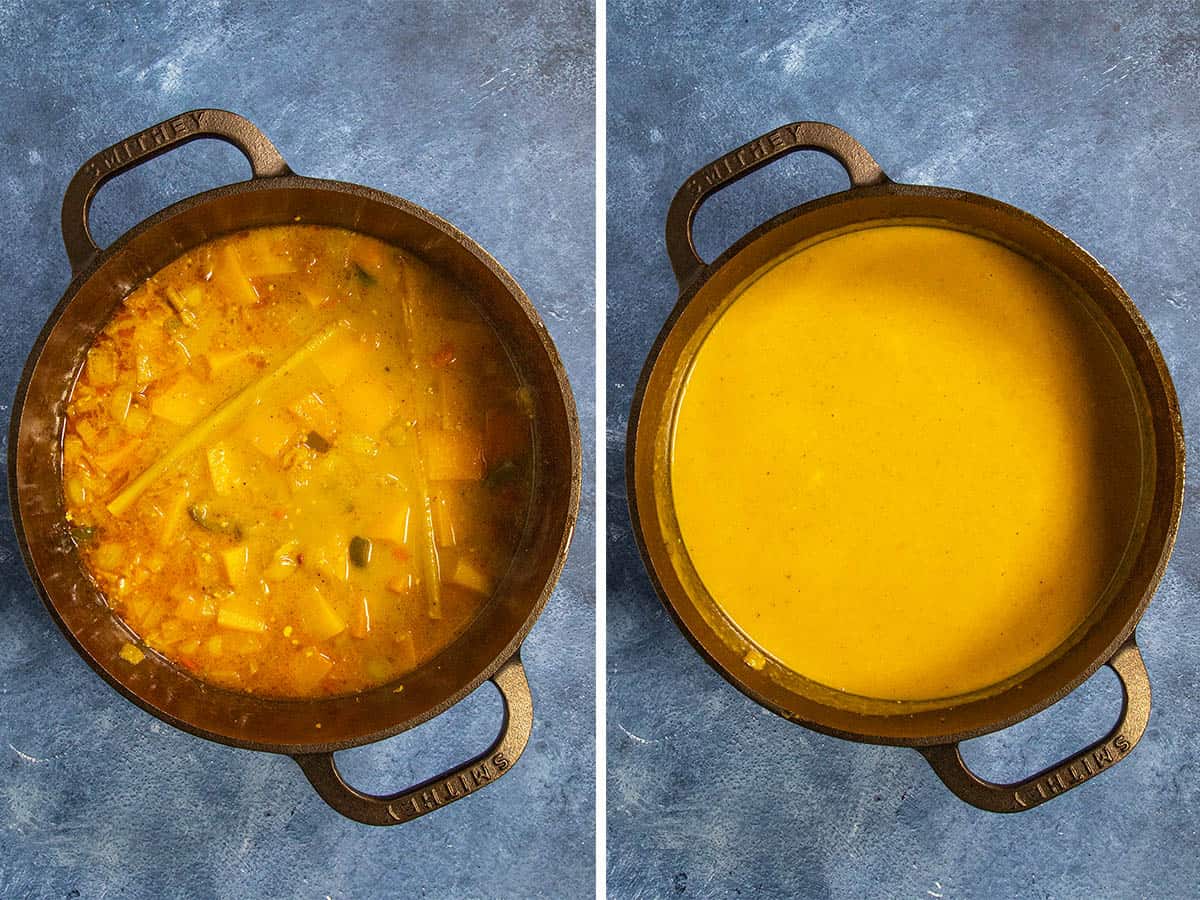 Curried Butternut Squash Soup simmering in a pot, then blended and added back to the pot