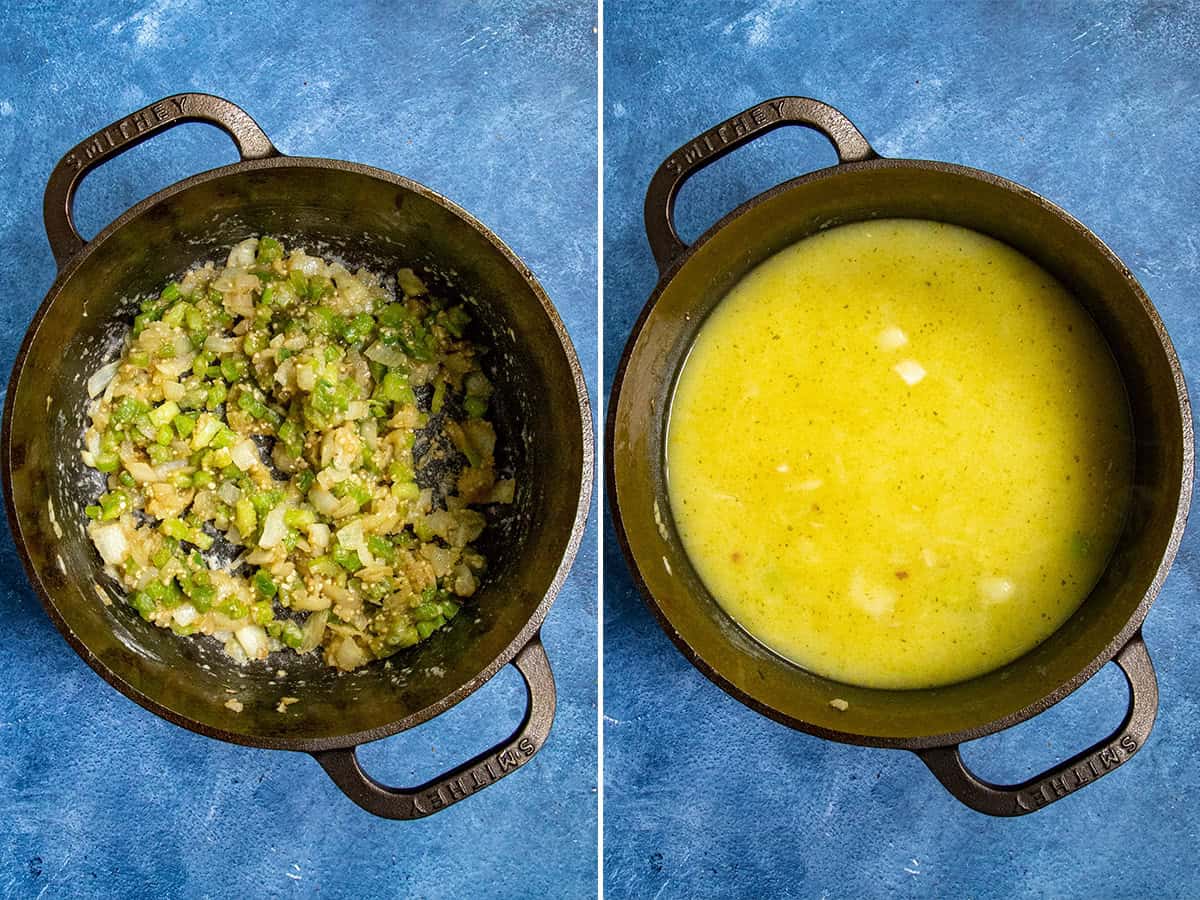 Simmering potato soup in a large Dutch oven