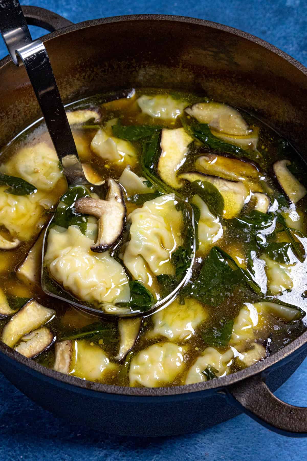 A simmering pot of wonton soup, with a ladle for serving